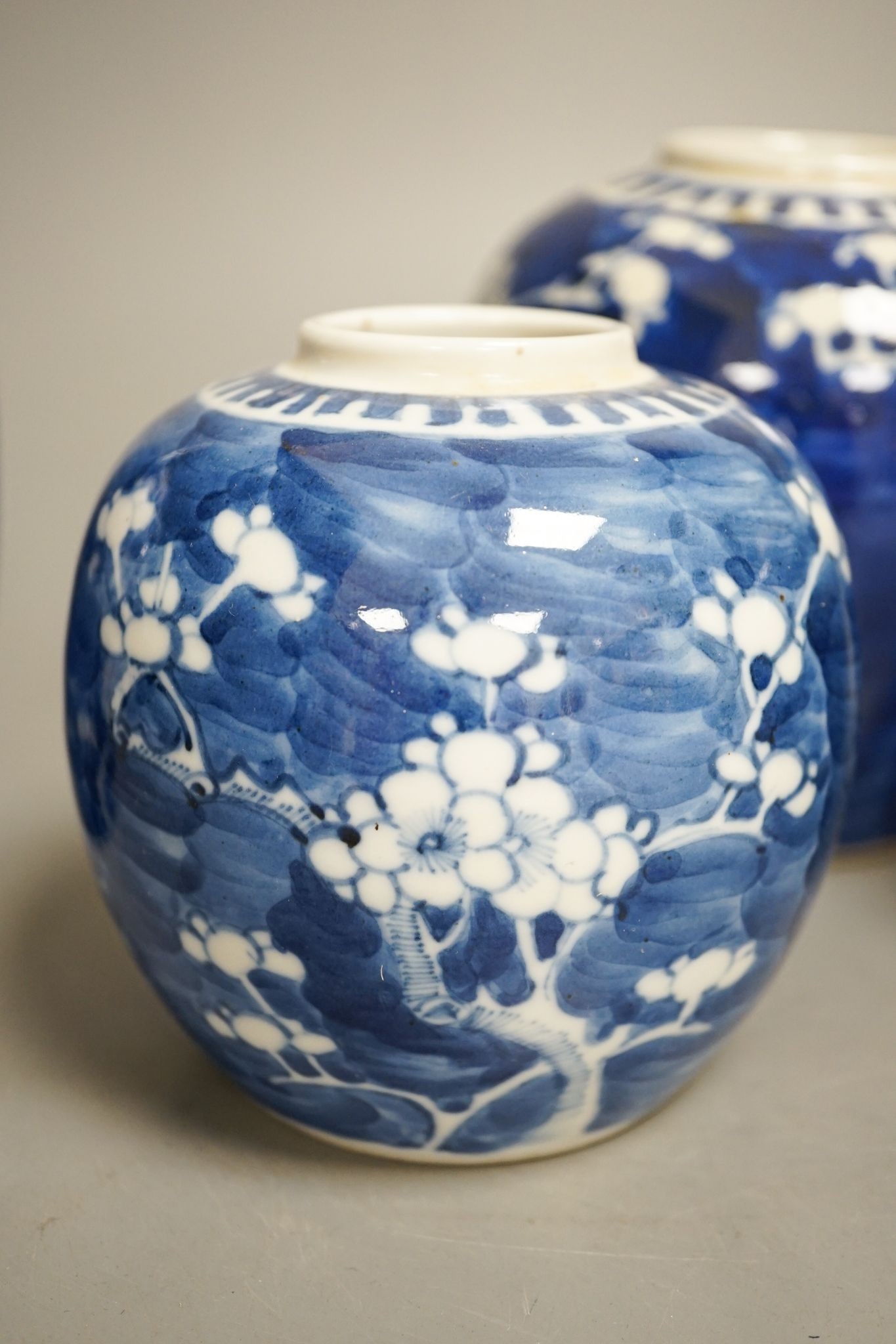 Eight various Chinese blue and white ‘prunus’ jars, largest 16 cm high